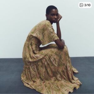 Zara Olive Paisley Midi Dress Flowy Boho Empire Waist XS